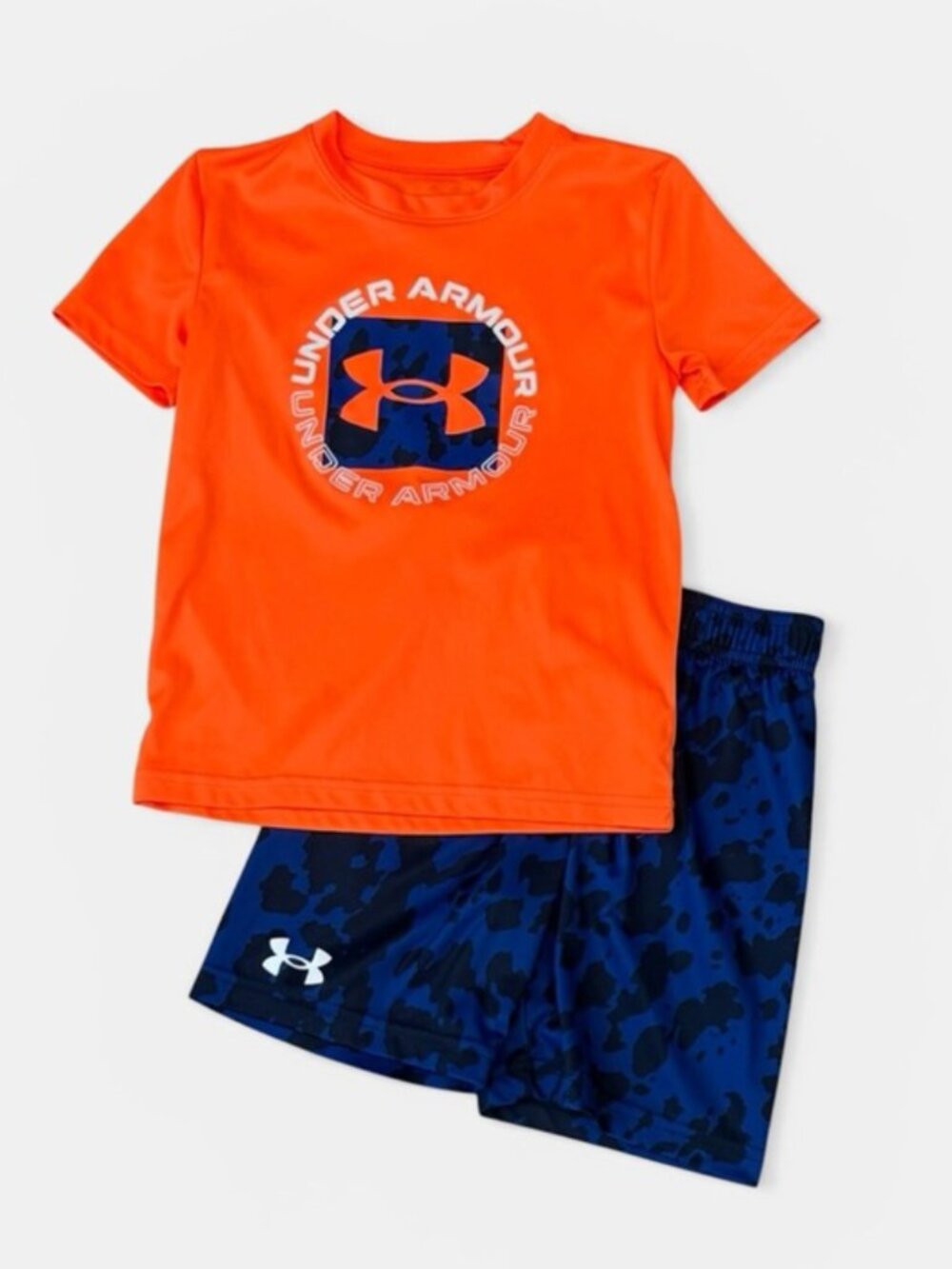 UA TECH PRINTED SHORT SLEEVE TOP & SHORTS SET ORANGE AND BLUE